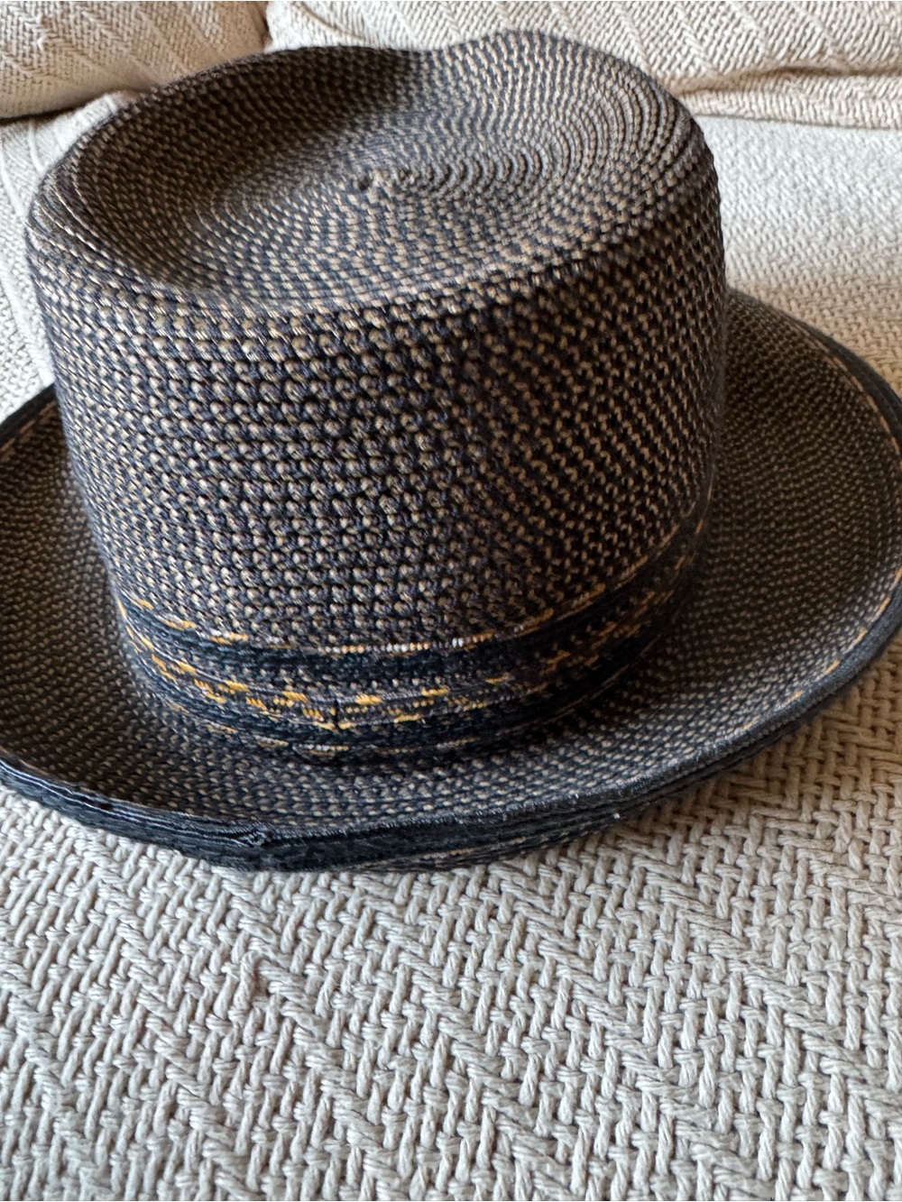 Eric Javits Black Woven Straw Fedora Hat, black with gold - Picture 6 of 8